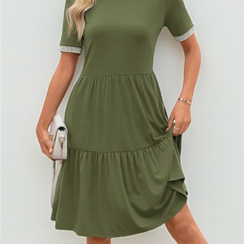 🌿 Boho Breeze! Army Green Tiered Dress | Pockets + Striped Trim | Size S - Picture 5 of 11